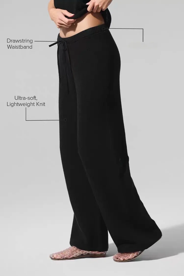カジュアルニットワイドレッグストレートパンツ万能ハイウエストゴムウエスト綿混紡ポリエステルレディースファッション