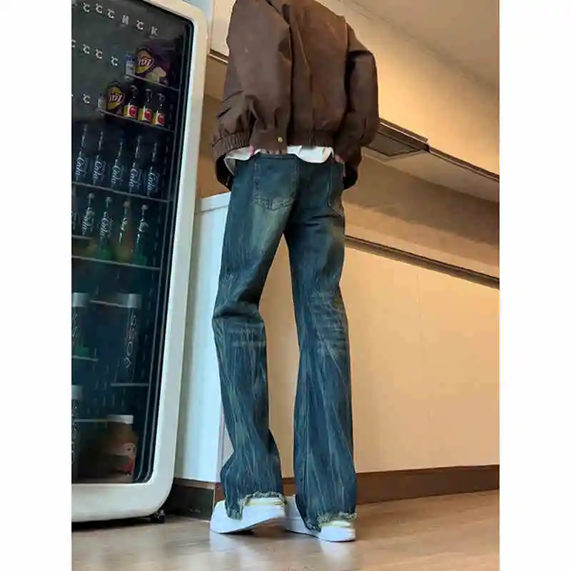 

American High Street Vintage Blue Lightning Pattern Ripped Jeans Men's Spring Autumn Casual Tapered Jeans Straight Leg Jeans
