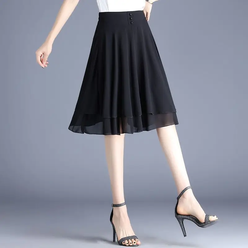 Elegant Elastic Spliced Solid Color Chiffon A-Line Skirts Women's Clothing 2025 Summer New Loose Office Lady High Waist Skirts