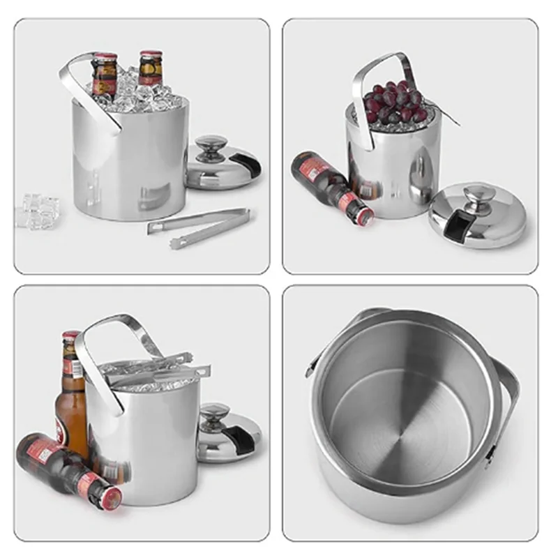

J1UL1N Ice Bucket With Lid And Tong Insulated Ice Bucket Stainless Steel Double Wall Champagne Wine Bottle With Strainer