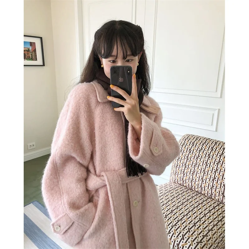 

Sweet Youthful Dongdaemun Woolen Coat Women's Belted Tied Waist Lapel Long Sve Mid-Length Pure Color Faion Outerwear