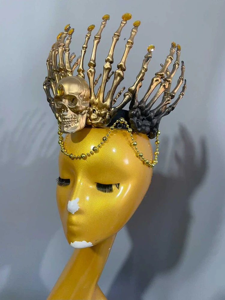 Kostium na Halloween Złota Korona Czaszka Nakrycie Głowy Akcesoria do Występów Scenicznych Ubrania Drag Festiwal Impreza Rave VDL4657