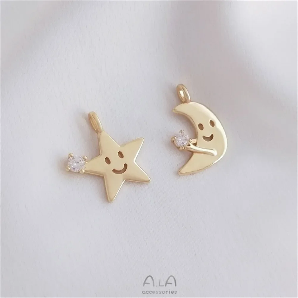 14K gold bag color preserving smiling face expression inlaid zircon Star Moon Pendant DIY necklace bracelet pendant jewelry pend