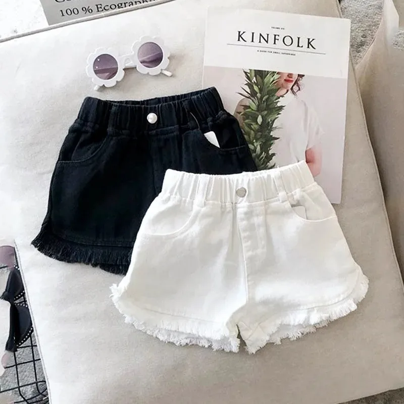 Korean Style Casual Solid Shorts for Girls Summer Kids White Comfortable Stretchy Hot Pants Jeans