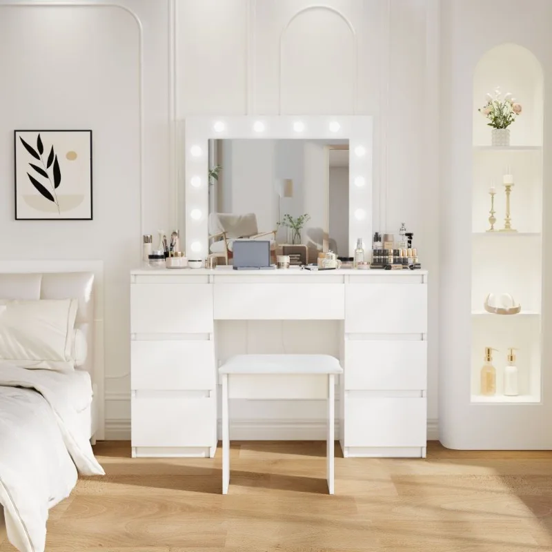 Large White Makeup Vanity With Mirror 3-Color LED Lights 4 Storage Drawers Sleek Design E1 Grade Material Bedroom Decor