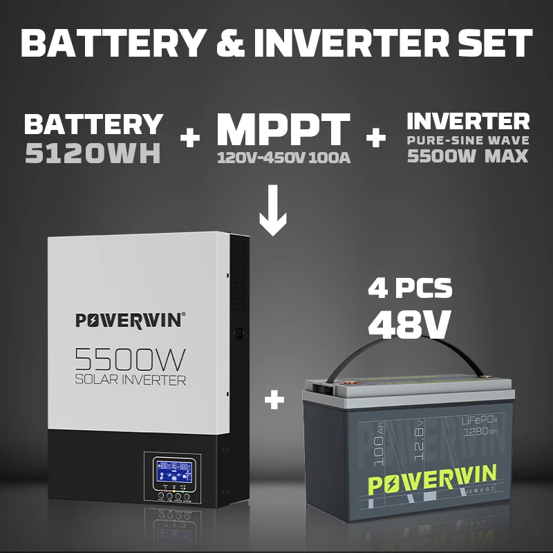 POWERWIN BT100 LifePO4 12V 100Ah/1280Wh Hybrid Solar Inverter HI5500 5500W 48V Pure Sine Wave 100A MPPT 48V Off-grid Battery LCD