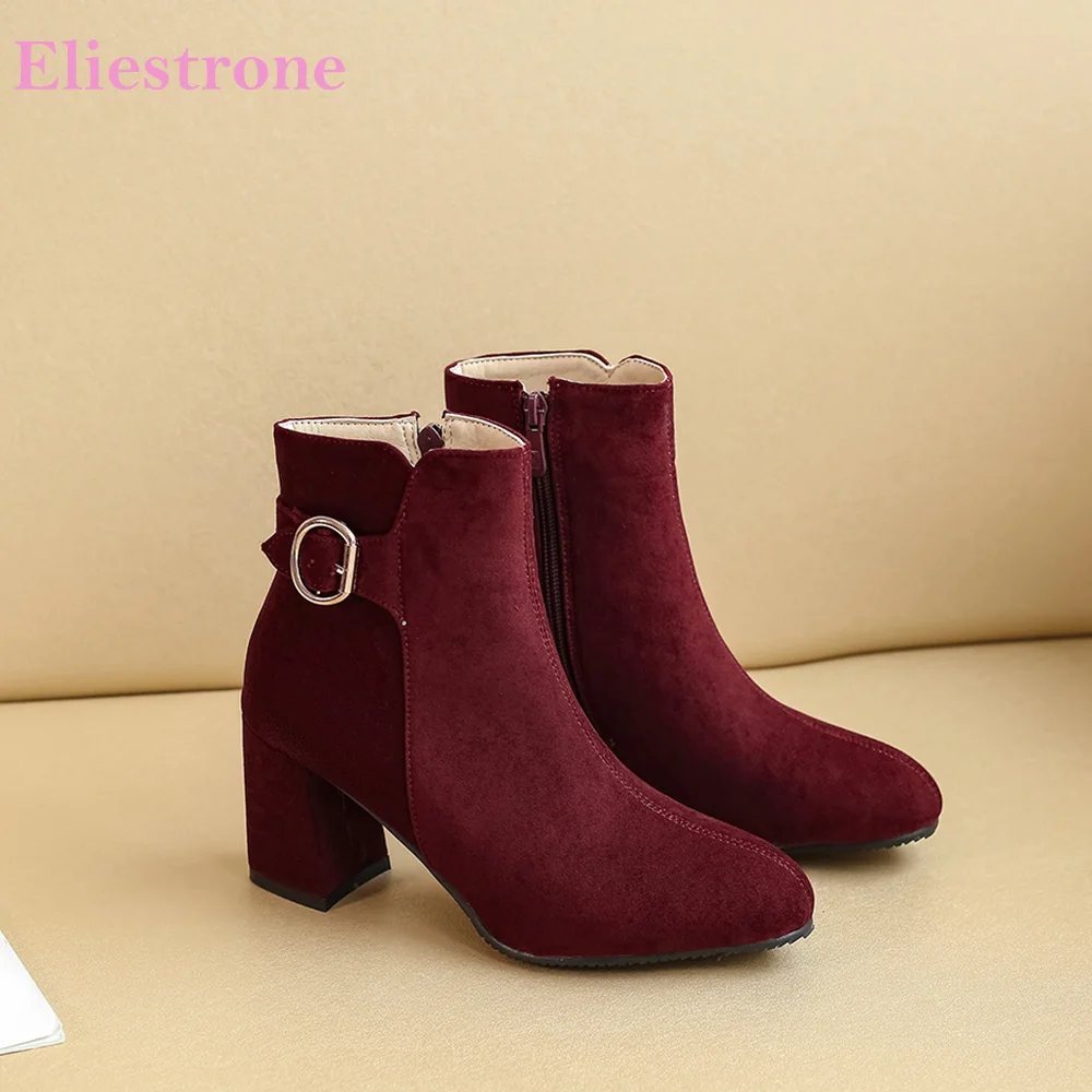 Winter New Fashion Wine Red Black Women Ankle Riding Boots High Square Heels Lady Nude Shoes Big Small Size 11 30 43 46