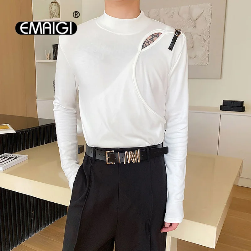 

Mens High Collar Leather Hollow Design Slim Fit Long Sleeve T-shirt Unisex Korean Streetwear Punk Gothic T Shirt Women Tshirt