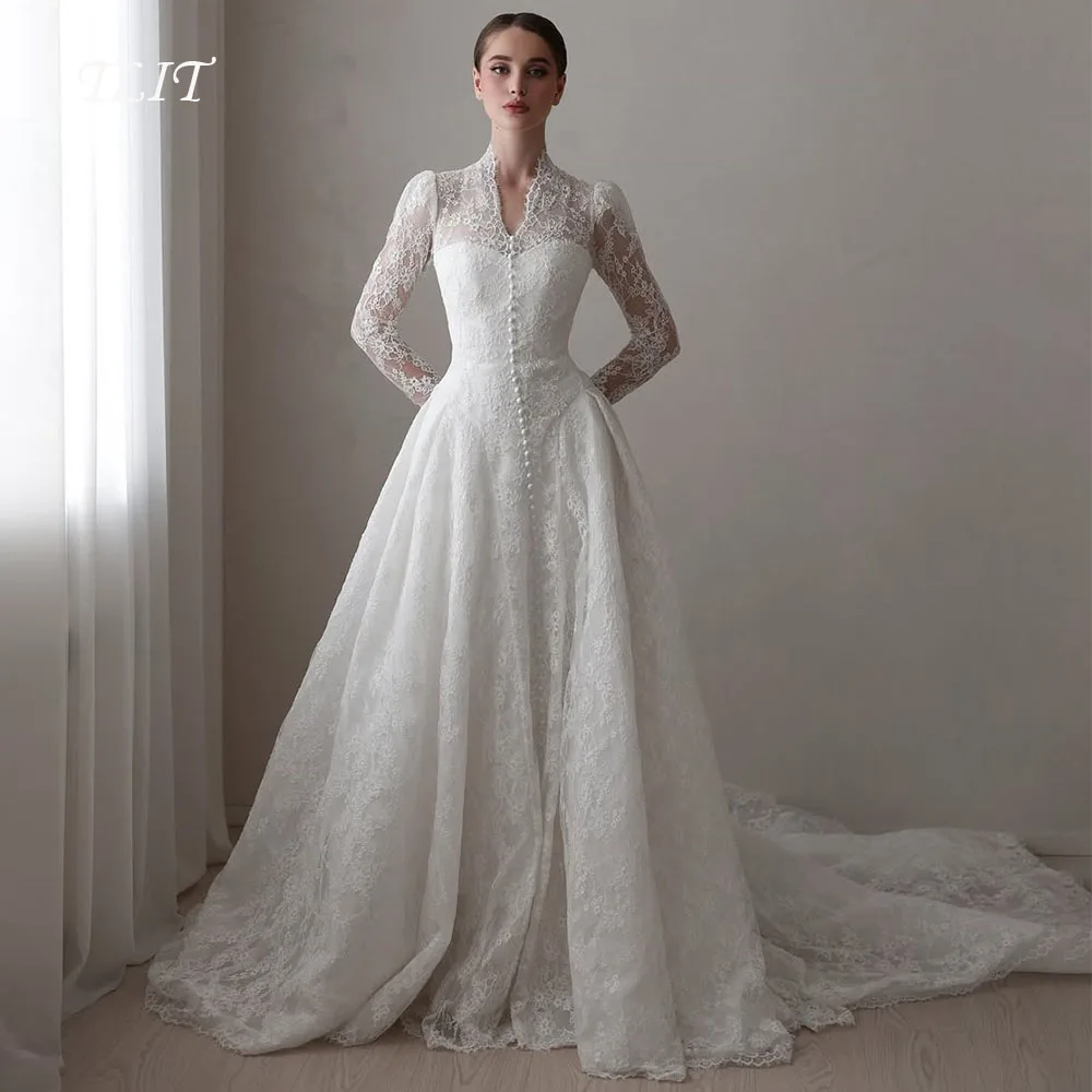 TLIT Vintage Ivory Lace A-Line Wedding Dresses Customized V-Neck  فساتين زفاف Buttons Long Sleeves Bridal Gowns