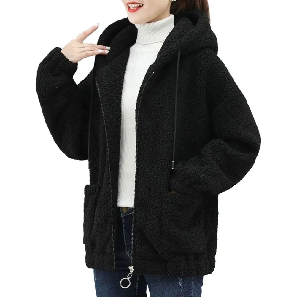 

Women Hooded Drawstring Coat Long Sleeve Pockets Zipper Placket Plush Cardigan chaquetas