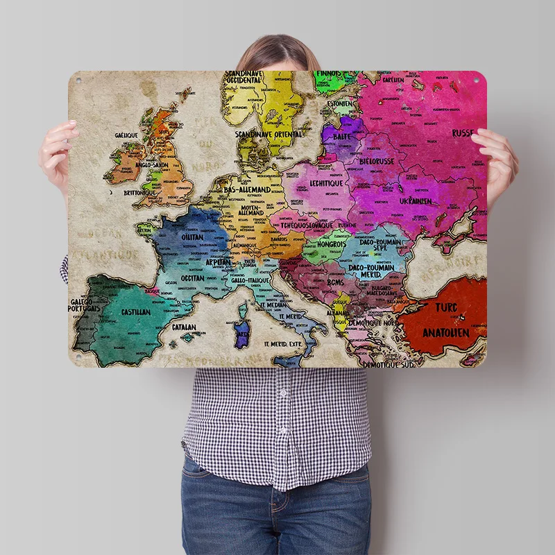 Carte Linguistique DEurope Personnalisée, Affiche Murale Métallique Texturée 3D, Plaques Vintage en Étain pour Décoration de Chambre, Article de Décoration