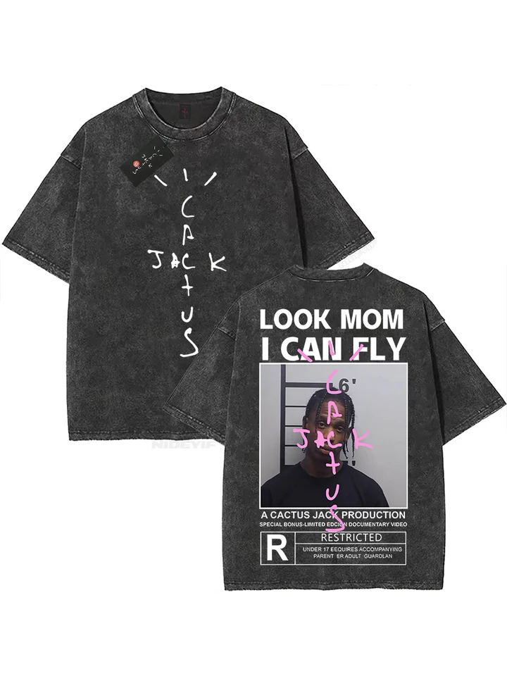 Camiseta Oversized 100% Algodón para Hombre y Mujer, HipHop, Lavada, Cactus Jack, Manga Corta, look mom i can fly K39 3