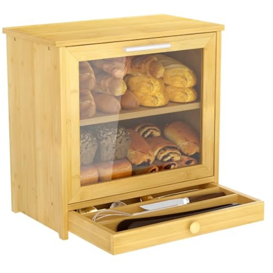 

Bamboo Bread Box with Drawer Double Layer Bread Box with Window Large Capacity Wooden Bread Storage Container for Kitchen Count