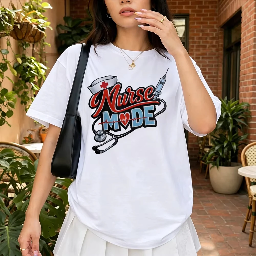 Nurse Mode Syringe Stethoscope Heartbeat Women Tee Nursing Life Essentials Cozy Basic Top Comfortable Round Neck Daily Tees