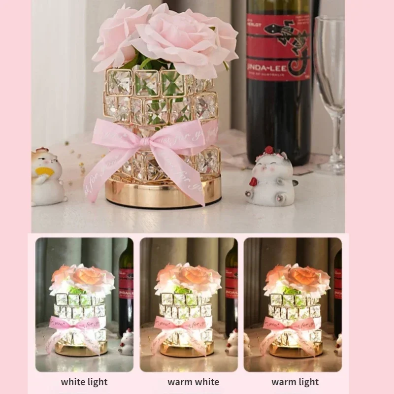 Luminous Crystal Cube Rose Table Night Lamp LED Decorative Table Lamp Bedroom Decor Romantic Birthday Gift Bouquet Nightlights