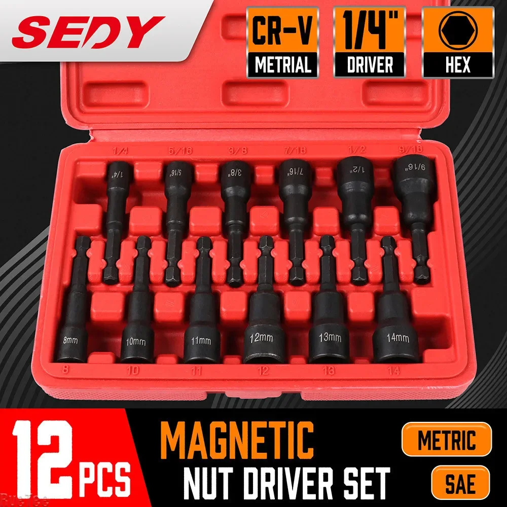 

12pcs Magnetic Nut Driver Set Premium Impact Power Hex Nut Driver Drill Bit Master Kit SAE & Metric 1/4-Inch Quick Change