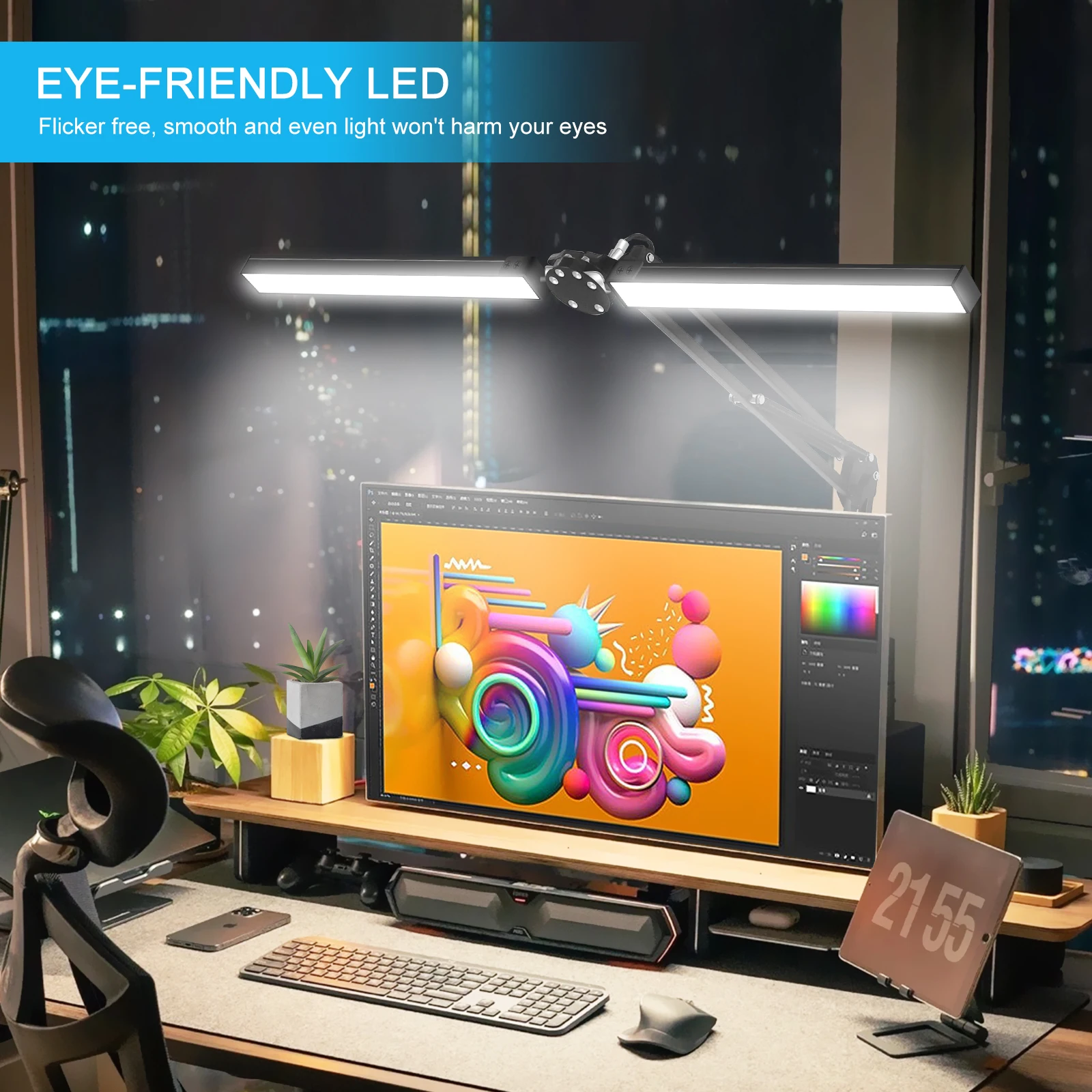 NEWACALOX 24W LED Desk Lamp 3 Color Dimmable Light&Table Clamp Folding Reading Lamp Computer Screen Hanging Lamp EU/US 12V