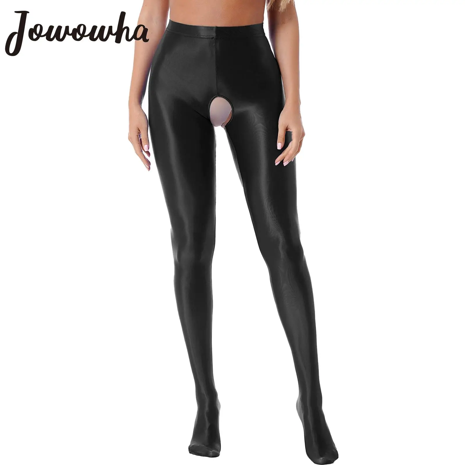 Womens Shiny Oil High Waisted Opaque Pantyhose Stockings Glossy Crotchless Footed Tights Leggings Lingerie Nightwear
