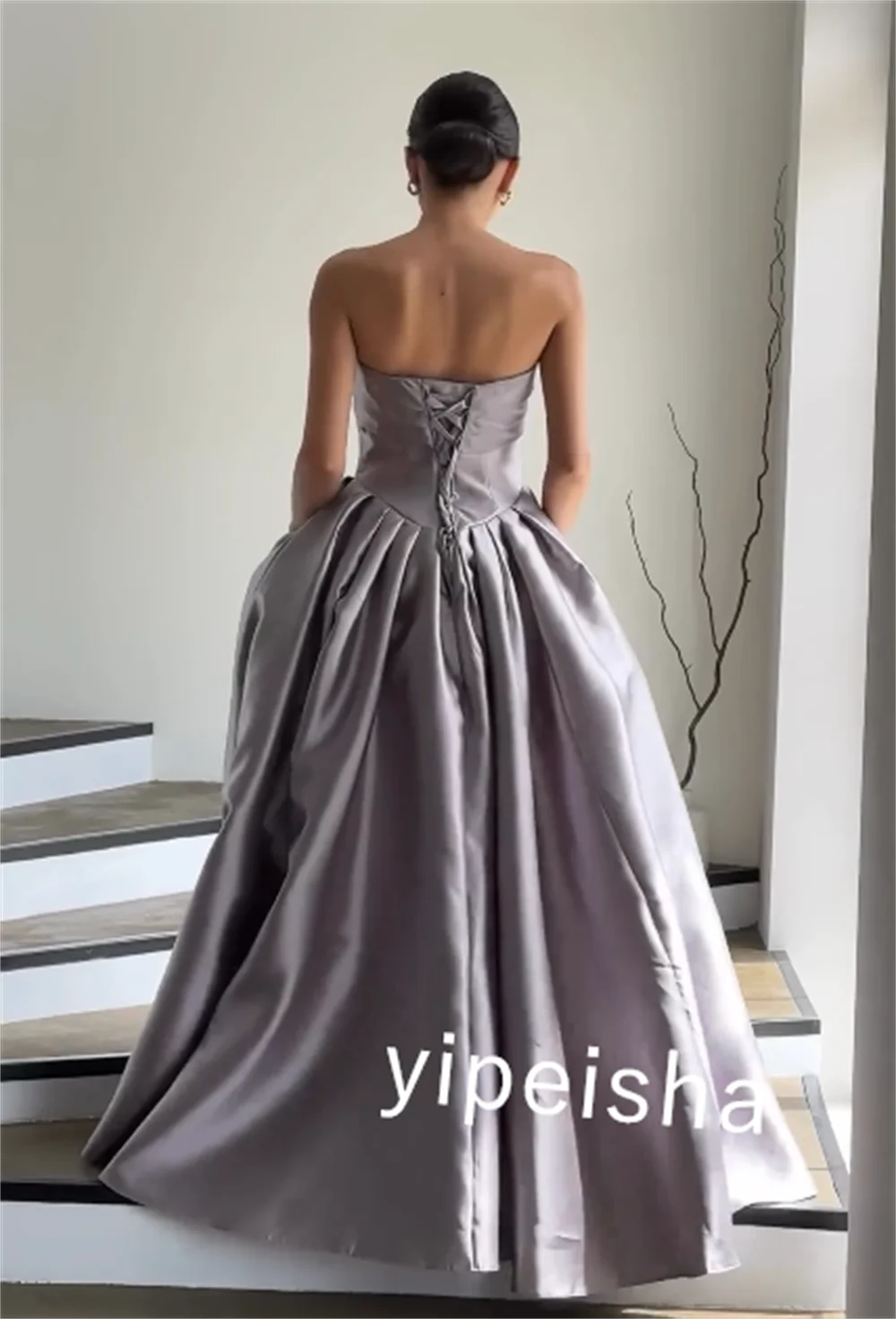 Customized Satin Ribbon Evening A-line Strapless Bespoke Occasion Gown Long Dresses