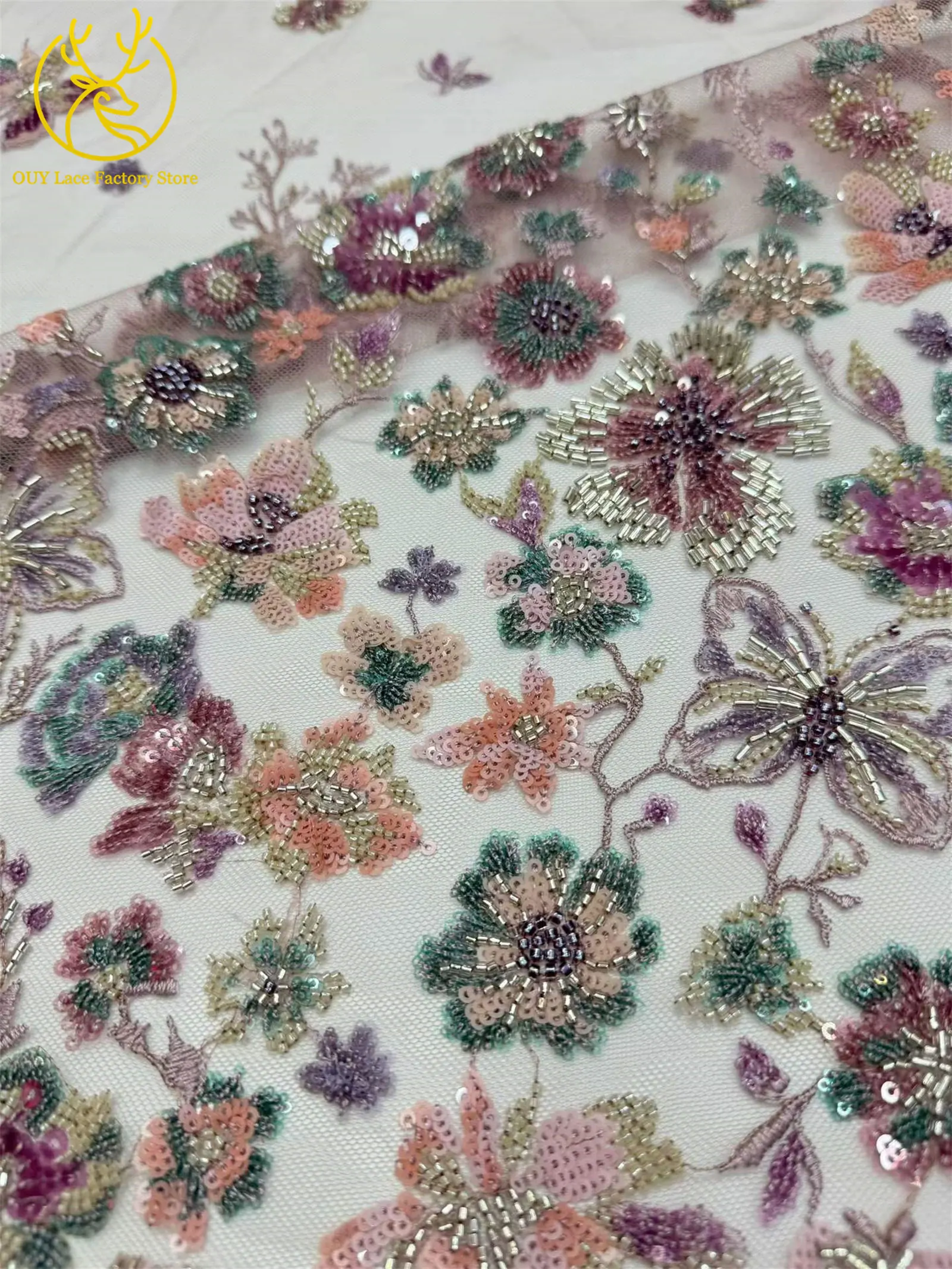 5 Yards afrikanischer handgefertigter bestickter Spitzenstoff, hochwertige französische Pailletten-Tüllspitze, nigerianisch, für Brautkleider – Detail 11