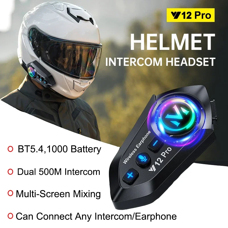 Y12 Pro Motorcycle Helmet Intercom V5.4 Hands Free Call Kit 500M For 2 Rider Intercomunicador Moto Interphone Music Share