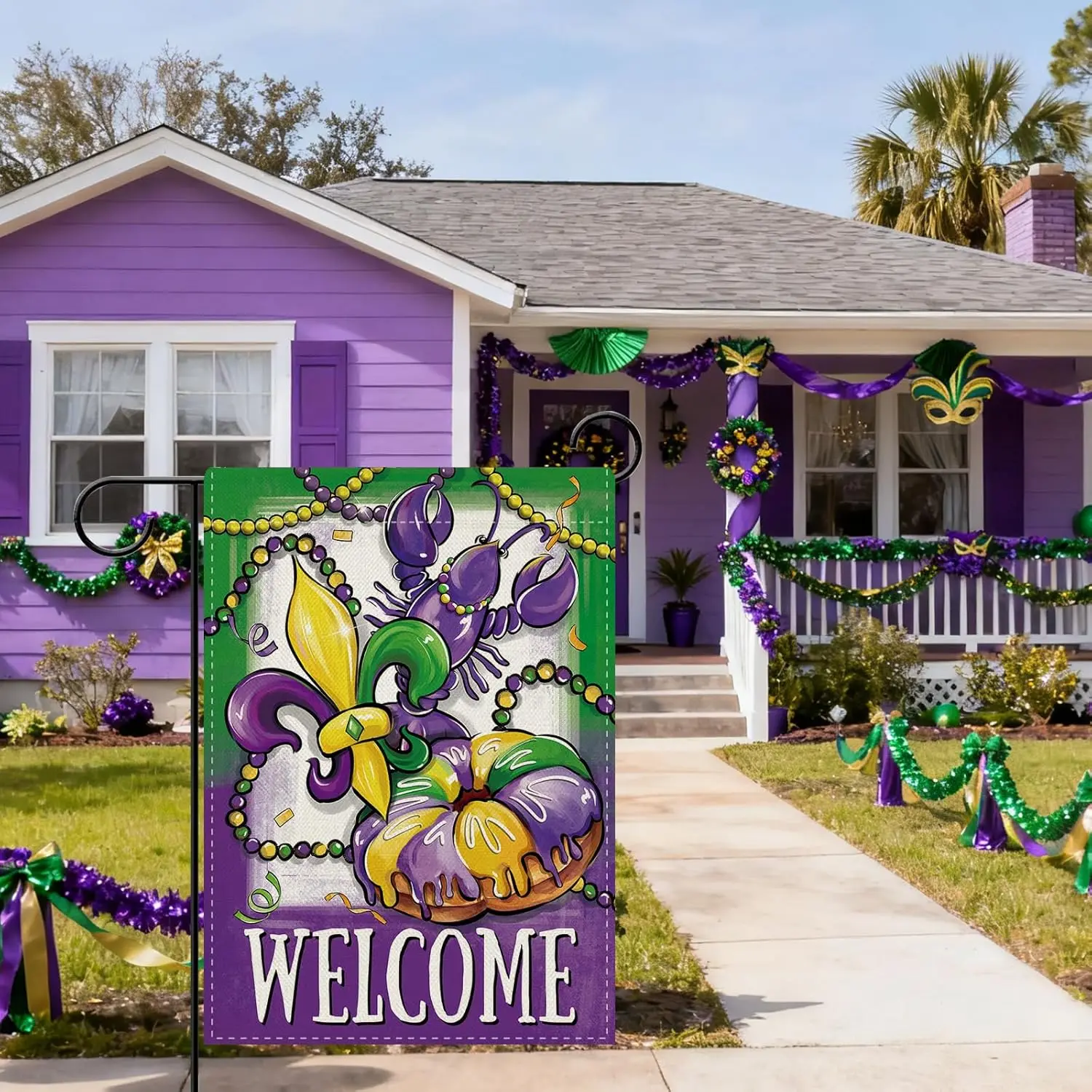 Dyrenson Welcome Mardi Gras Fleur De Lis Decorative Garden Flag, New Orleans Carnival Crayfish Donut Yard Outside Home Decor EEZ