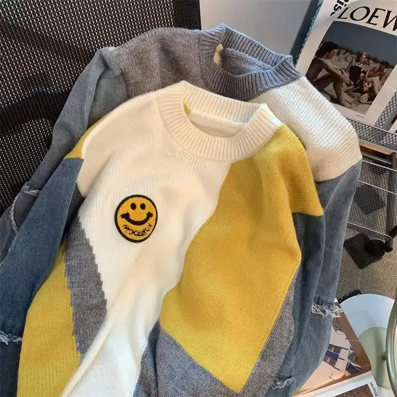 Loose sweater female design sense niche cowboy female autumn and winter Korean new stitching outerwear knit bottoming shirt