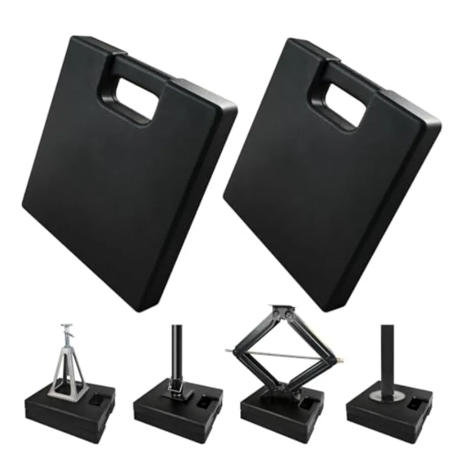 

RV stabilizer jack pads for camper trailer on uneven ground: rubber, black, weather-resistant with handle to prevent sinking an
