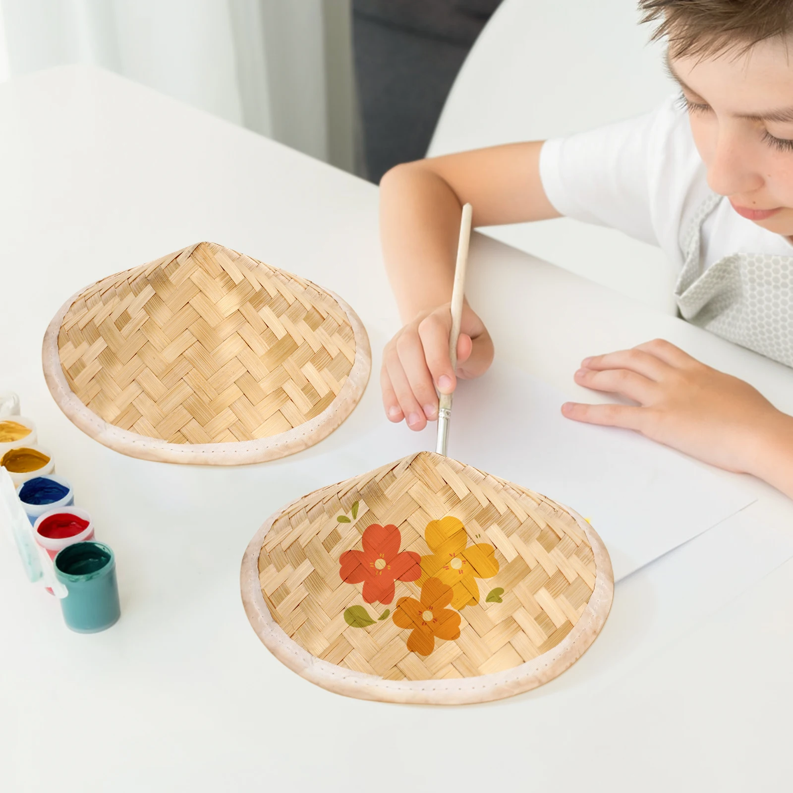 

Bamboo Woven Hat Straw Blank DIY Craft Paintable Traditional Kids Decorative Lightweight Safe Rustic Photo Prop