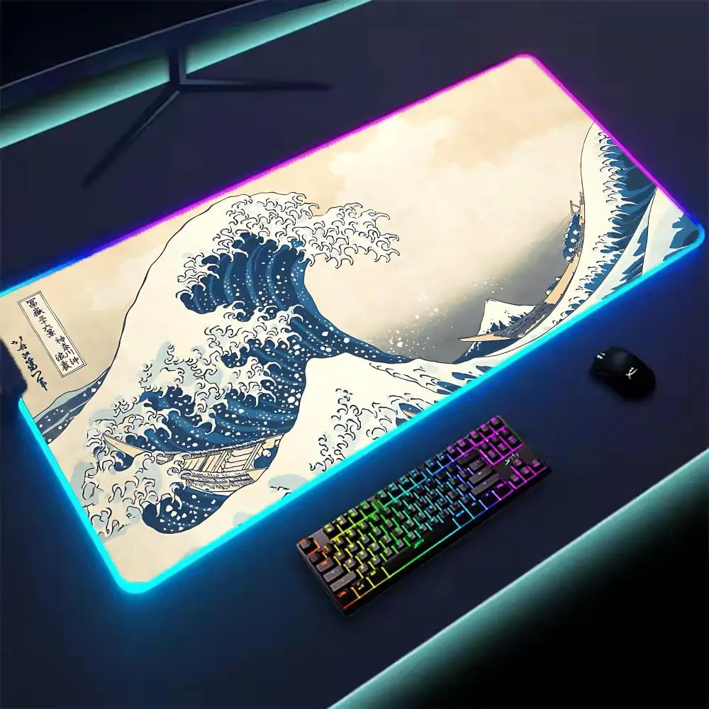 

XXL RGB коврик для мыши Japan Great Waves Art коврик для мыши Kawaii игровые аксессуары компьютерная клавиатура большой светодиодный настольный коврик подсветка ковер