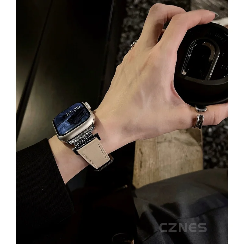 تصميم جديد الساطع الفاخرة حزام ل سلسلة ساعة 8 7 se 6 5 4 الجلود + المعادن ربط الفرقة ل iWatch 41 مللي متر 45 مللي متر 40 مللي متر 44 مللي متر 49 مللي متر الفرقة