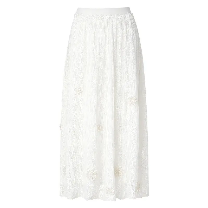 Elegant Knitted Midi Skirt with 3D Flower Embellishment And Beading South Oil High Quality Summer Autumn New Style for Ladies