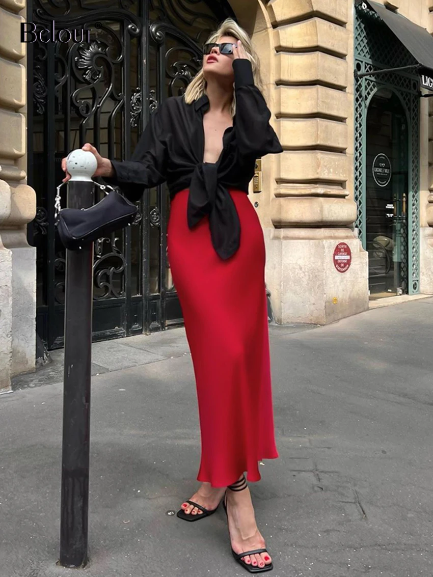 Bclout Fashion Satin Red Skirts Women 2024 Elegant Solid High Waist Office Lady Skirts Vintage Thin Party Slim Long Skirts Sexy