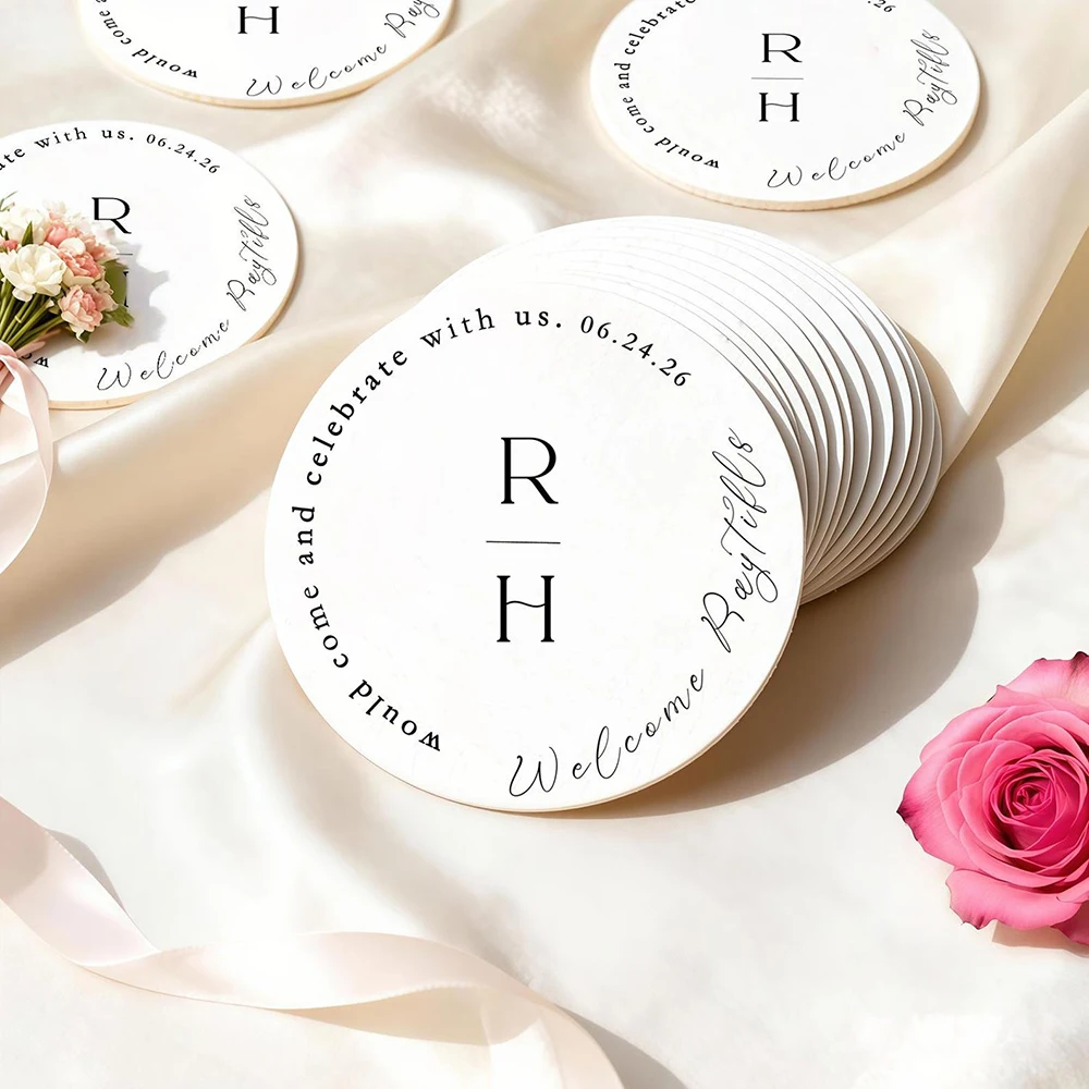 

50 шт. персонализированных свадебных бумажных подставок для стаканов, сувениры для гостей, декор для свадебного торжества и вечеринки, украшение свадебного стола