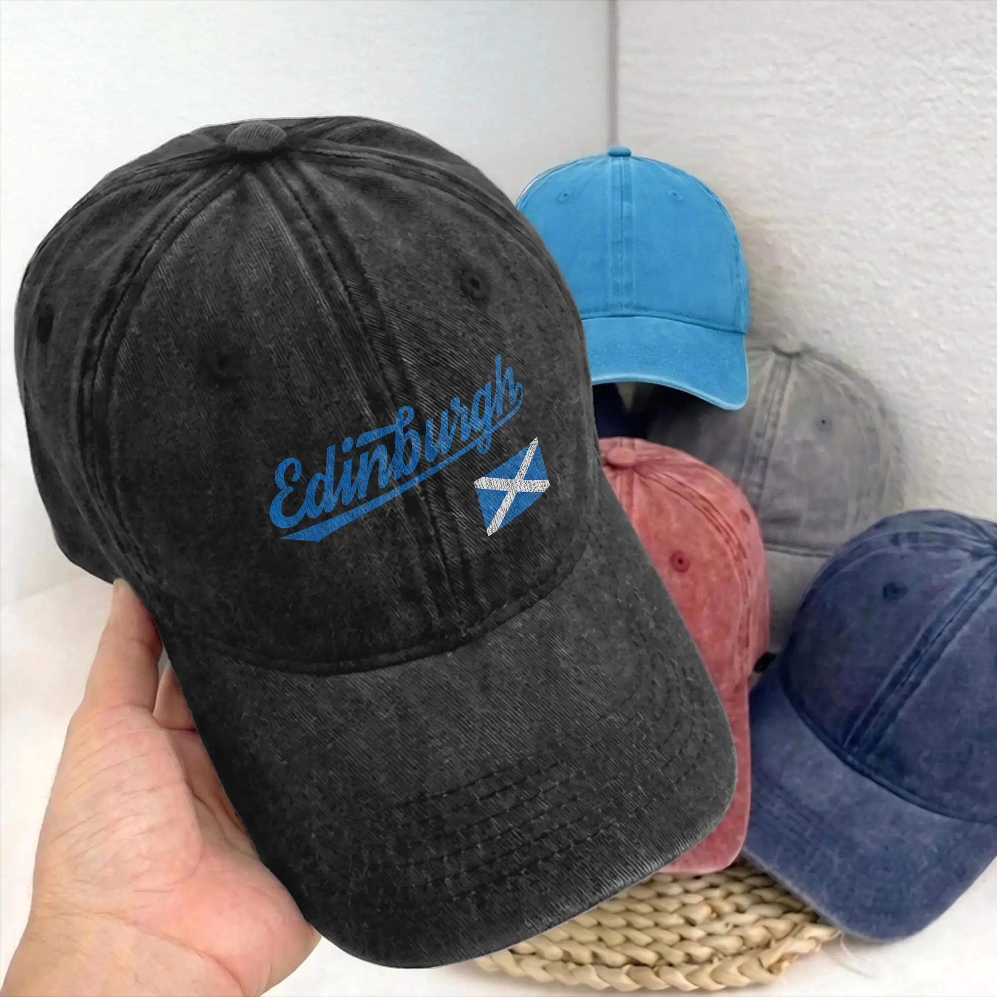Edinburgh Scotland United Kingdom Unisex Style Unstructured Baseball Cap UK Flag Distressed Denim Hat Adjustable Fit Sun Cap