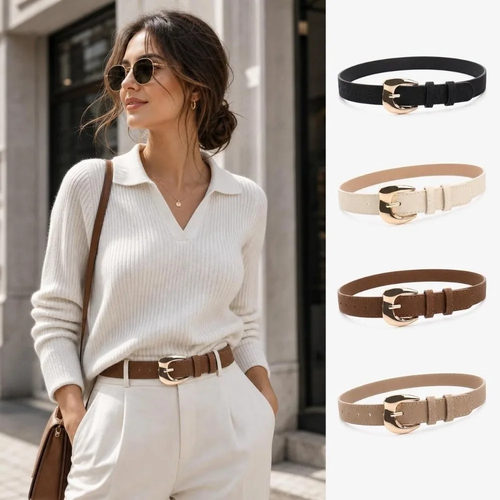 Gold Alloy Buckle Women Waist Belt Pin Buckle Closure All-match PU Leather Belt Casual Minimalist Faux Leather Waistband