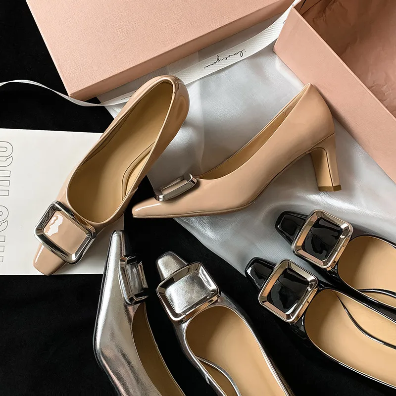 MKKHOU Fashion Pumps New High Quality Genuine Leather Square Button High Heels Square Head Shallow Mouth Women's Heels Shoes