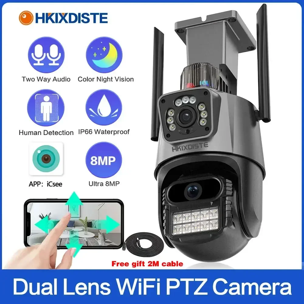 8MP 4K WiFi IP Security Camera Outdoor Dual Lens Dual Screen Auto Tracking PTZ Wireless CCTV Video Surveillance Camera 4MP ICsee