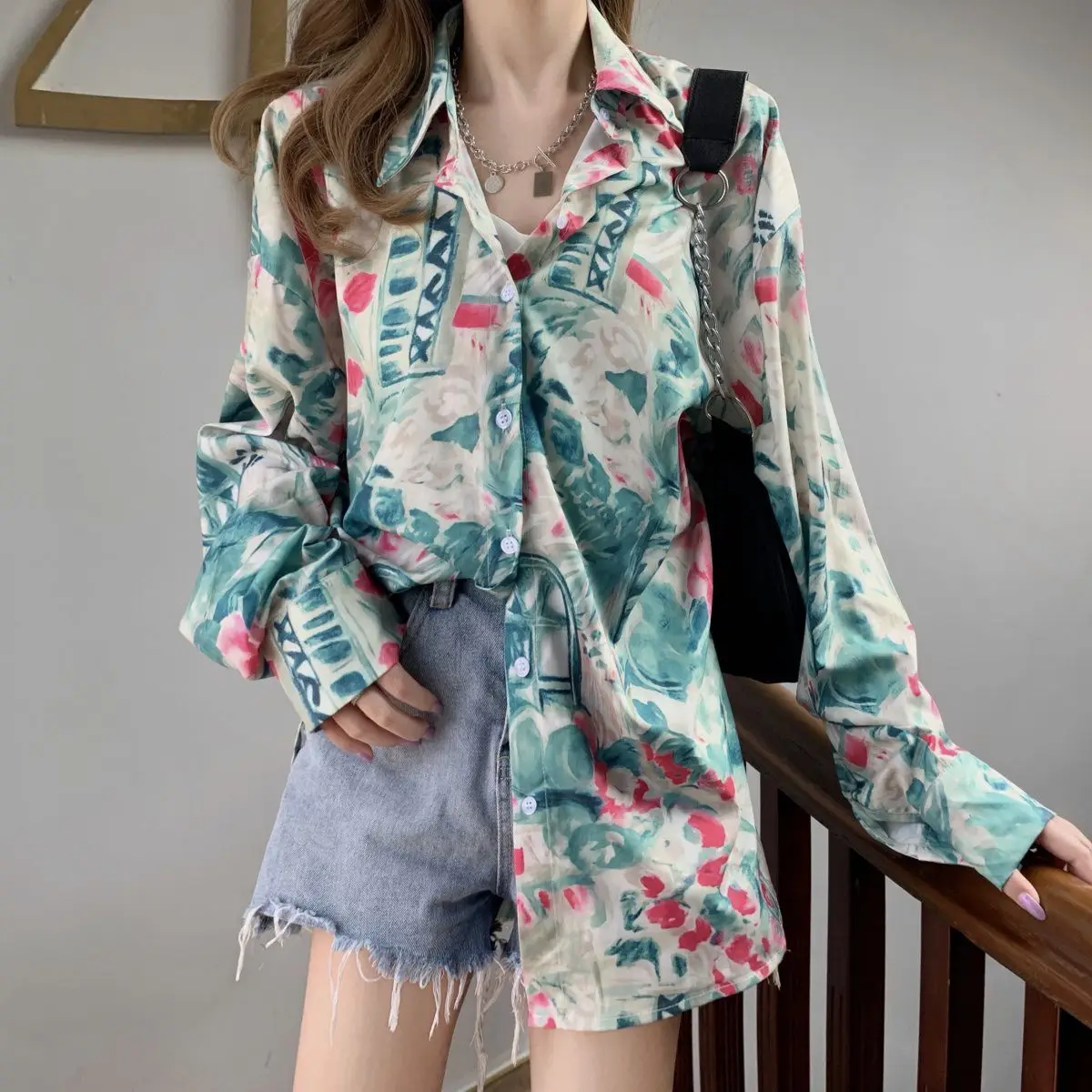 

Autumn Casual Korean Fashion Loose Long Sleeve Printing Buttons Single Breasted Youth Lively Bright Easy Close to the People