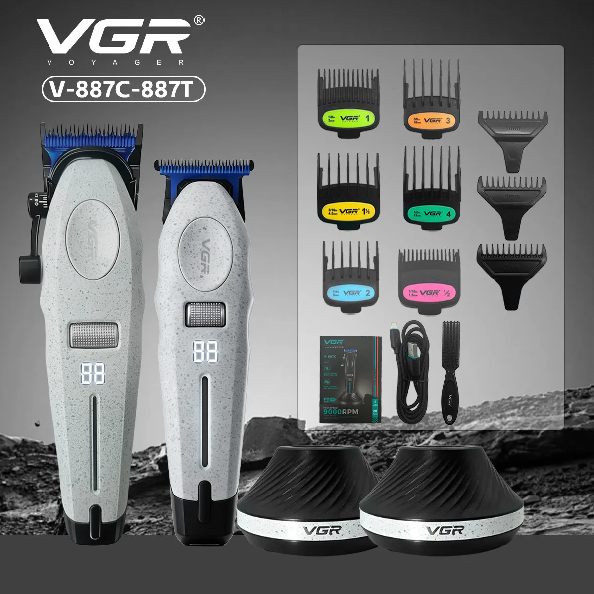 VGR Hair Trimmer Professional Clippers Adjustable Haircut Machine Electric 9000 RPM Barber Combo Trimmer for Men V-887C V-887T