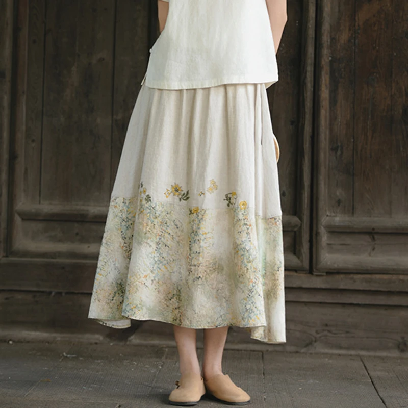 

100% Linen Women Casual Skirt New Arrival 2025 Summer Vintage Style Floral Print Loose Ladies Elegant A-line Long Skirts M1636