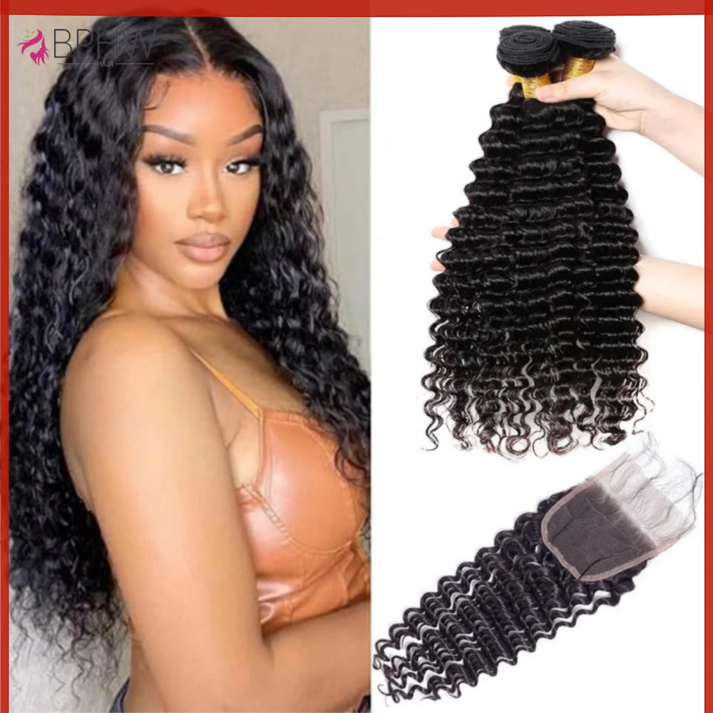 

Пучки человеческих волос с глубокими волнами и застежкой, человеческие волосы, 3 пучка с застежкой 4x4, бразильские пучки, натуральный цвет, плетение волос