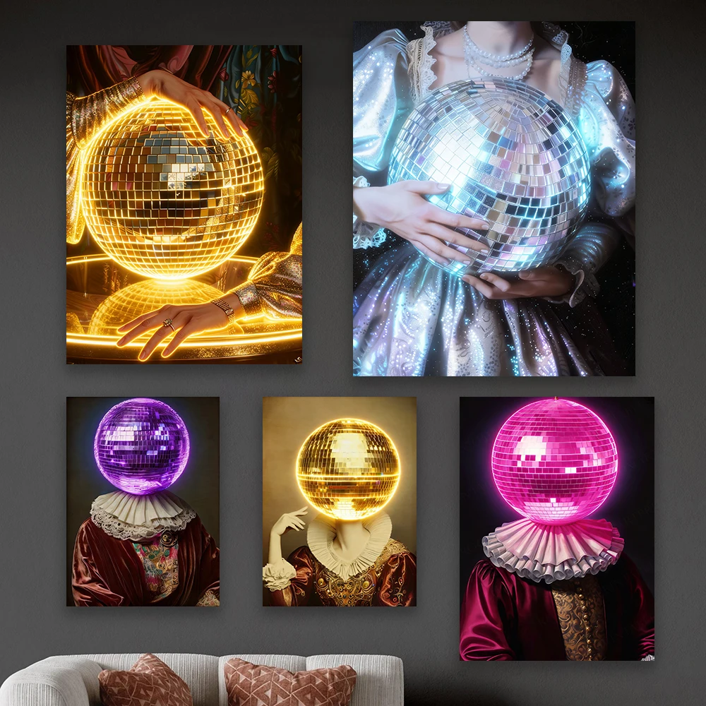 Surreal Disco Ball Portrait Art Print Eclectic Gallery Wall Disco Ball Portrait Art Print Baroque Decor Canvas Painting Decor