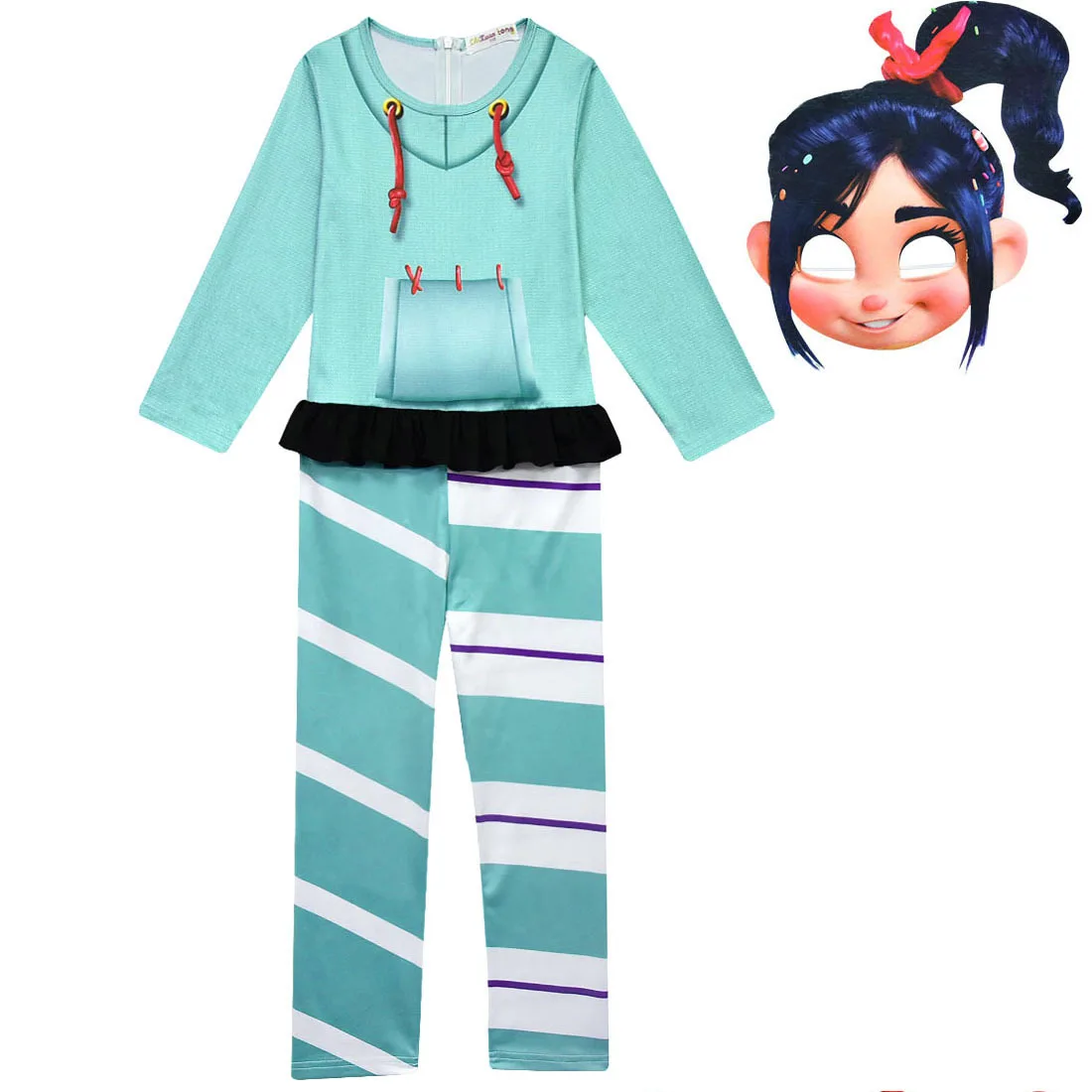 Vanellope Von Schweetz Halloween Costume Wreck It Ralph2 Ralph Breaks The Internet Clothing for Baby Girls Kids Jumpsuit Mask