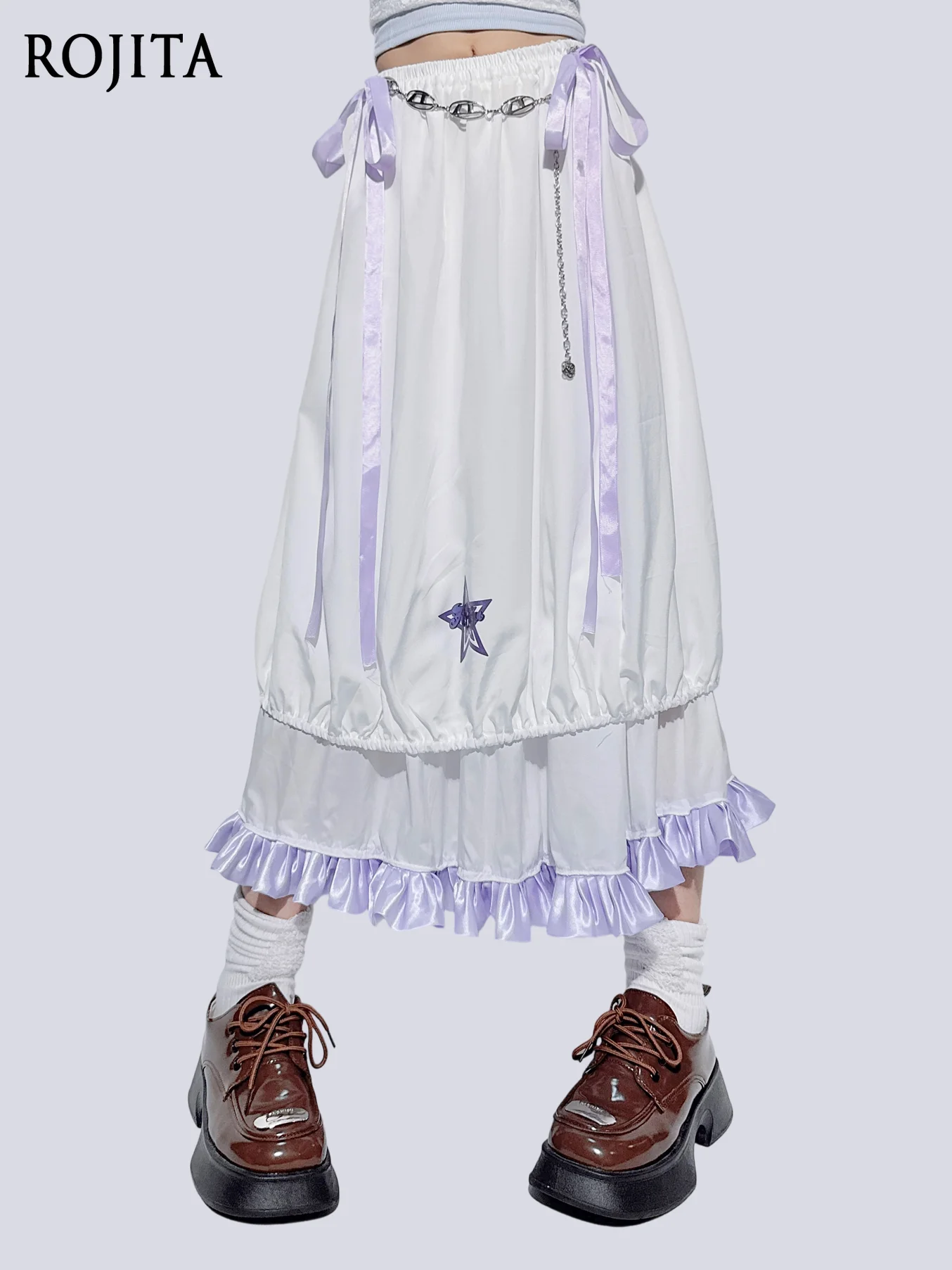 

Lolita Daily High-Waisted Loose Design Ruffled Lace Mid-Length Skirt Women's Flower Bud Long Skirt Purple and White Half Skirt