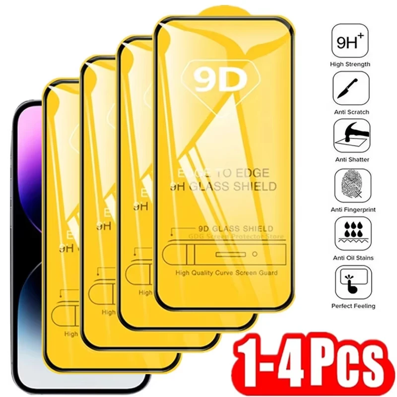 1-4PCS 9D Tempered Film For iPhone 16 15 14 13 12 11 Pro Max Glass 8 14 15 16 Plus 12 11 Mini 16 15 14 13 12 11 Protective Film