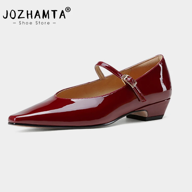 JOZHAMTA Women Vintage Pumps Genuine Leather Classic Square Toe Thick Mid Heels Shoes 2025 Office Lady Daily Dress Size 34-40