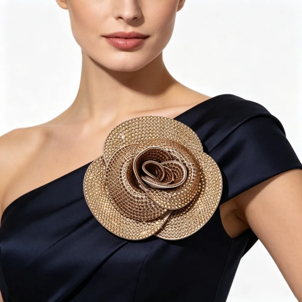 3D Design Rhinestone Flower Patches Sewing Supplies Self-Adhesive Option Flower Brooch Pin Flower Shape Metallic Base