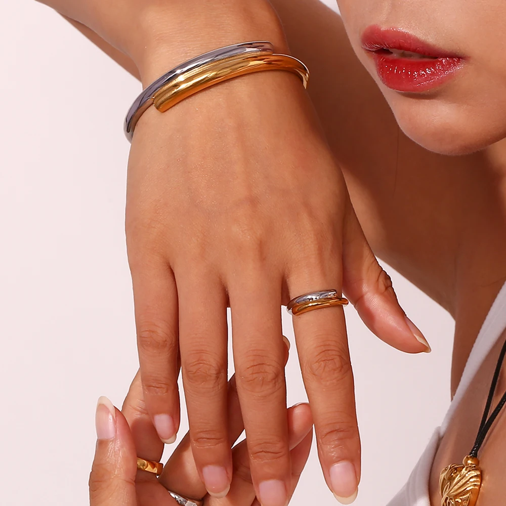 Women's 18K Gold Plated Double Layered Open Bangle Ring