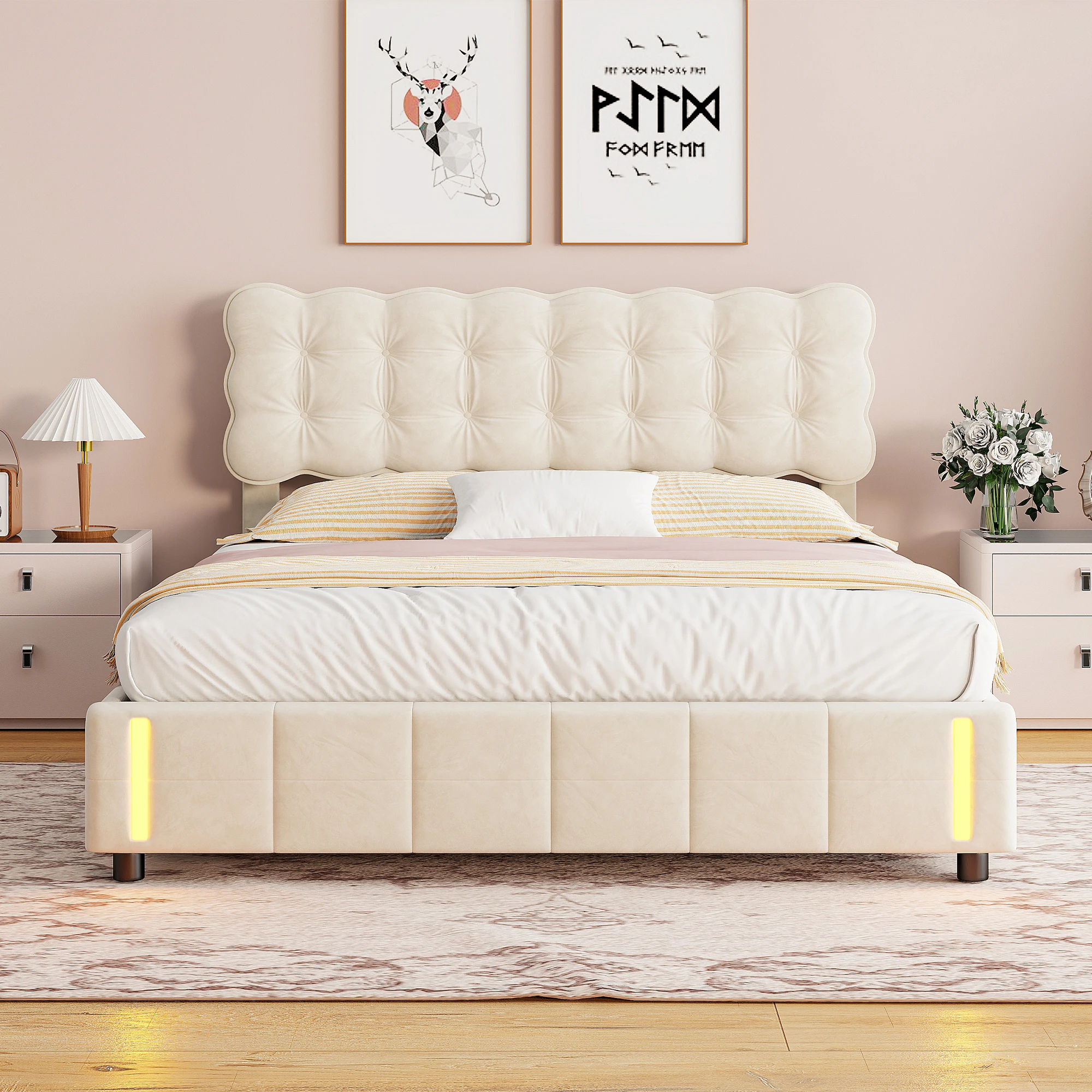 Upholstered Bed,Double Bed,with Sensor Light, Storage Space and Slatted Frame, Soft Velvet Headboard, Youth Bed, Beige